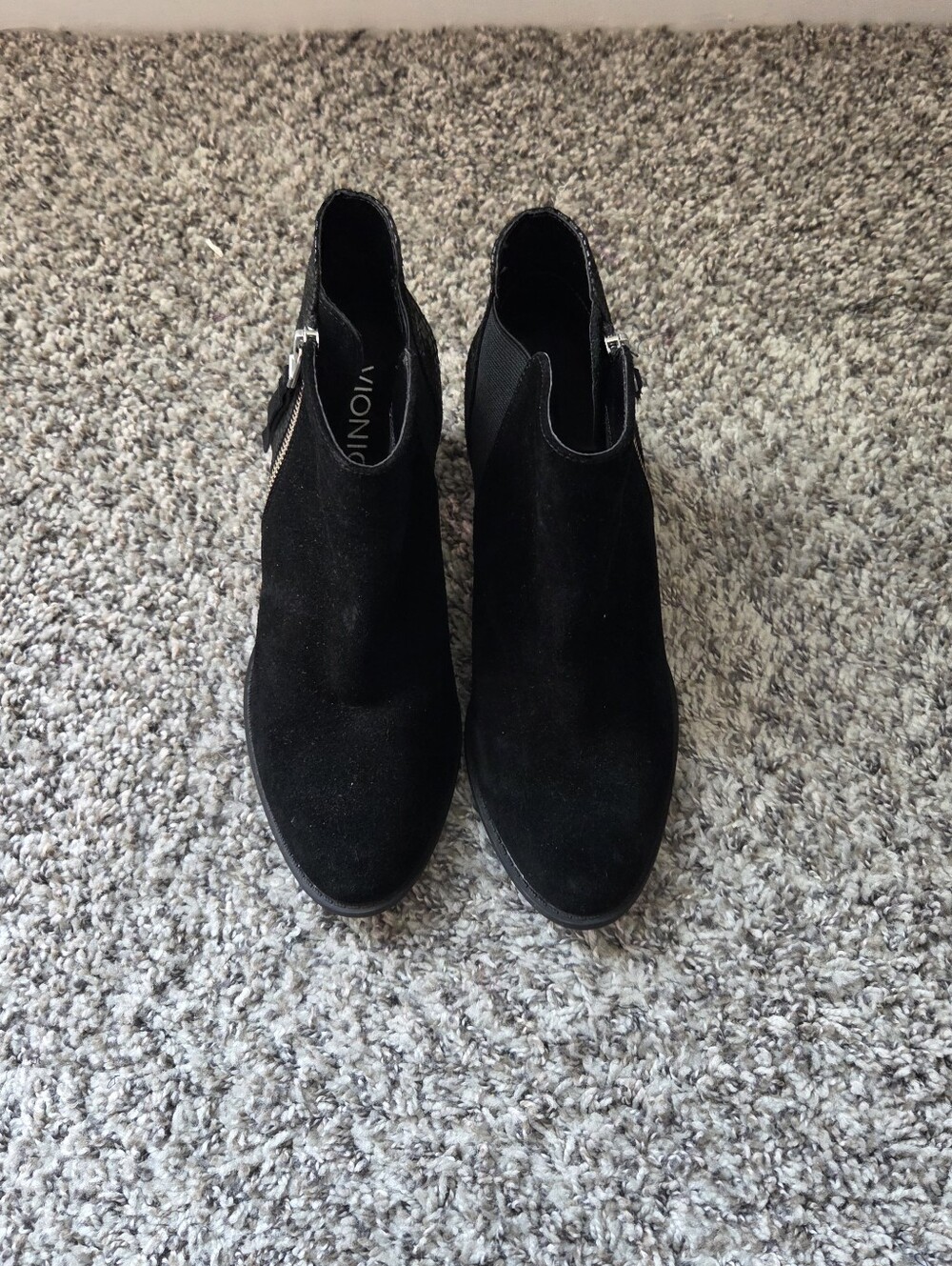 Vionic Anne Black Suede Snakeskin Booties